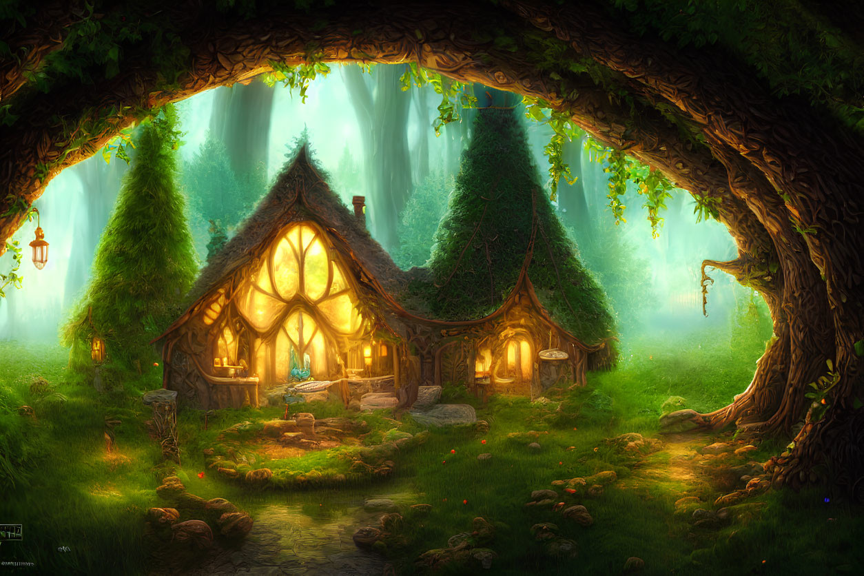 Enchanted forest cottage with stained-glass windows