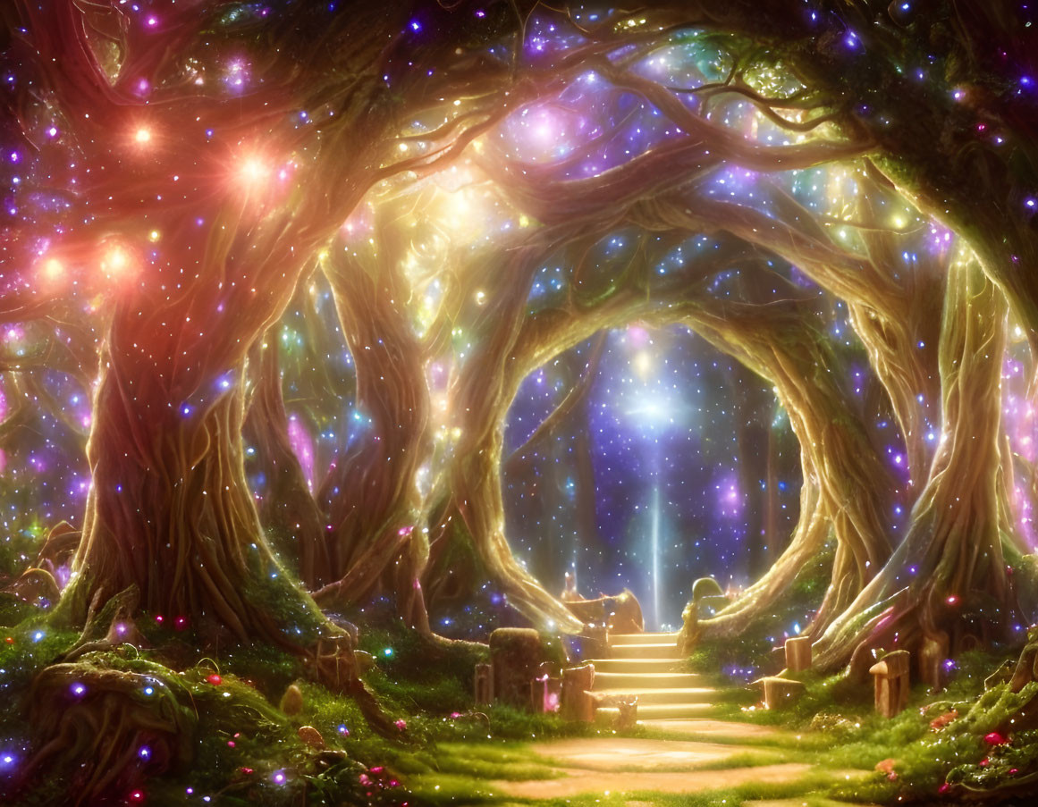 Enchanted forest with glowing trees under starry night sky