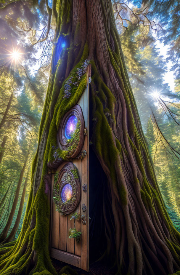 Intricate glowing door in moss-covered tree forest