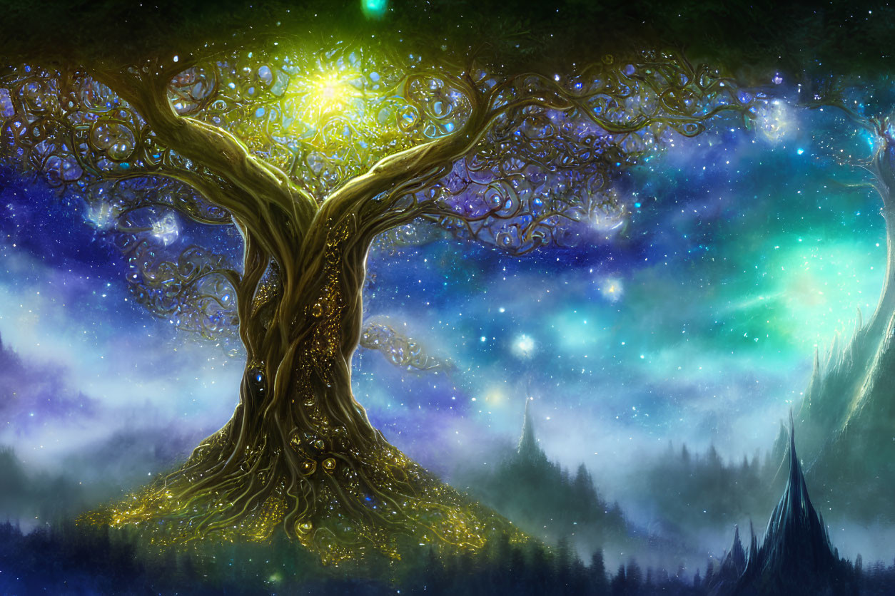 Golden mystical tree under cosmic nebula in starry night forest