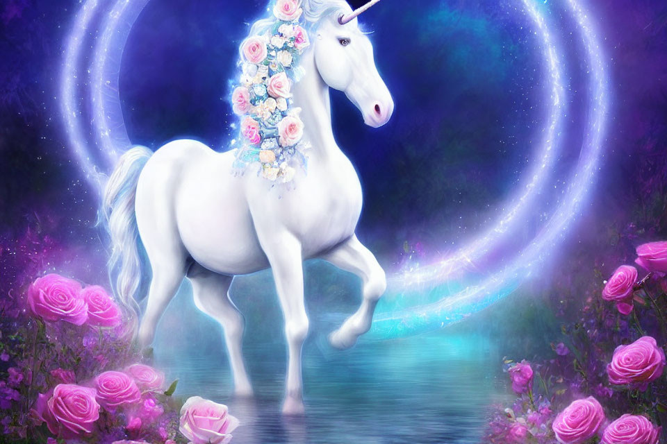 White Unicorn with Floral Crown Surrounded by Pink Roses in Mystical Blue and Purple Setting