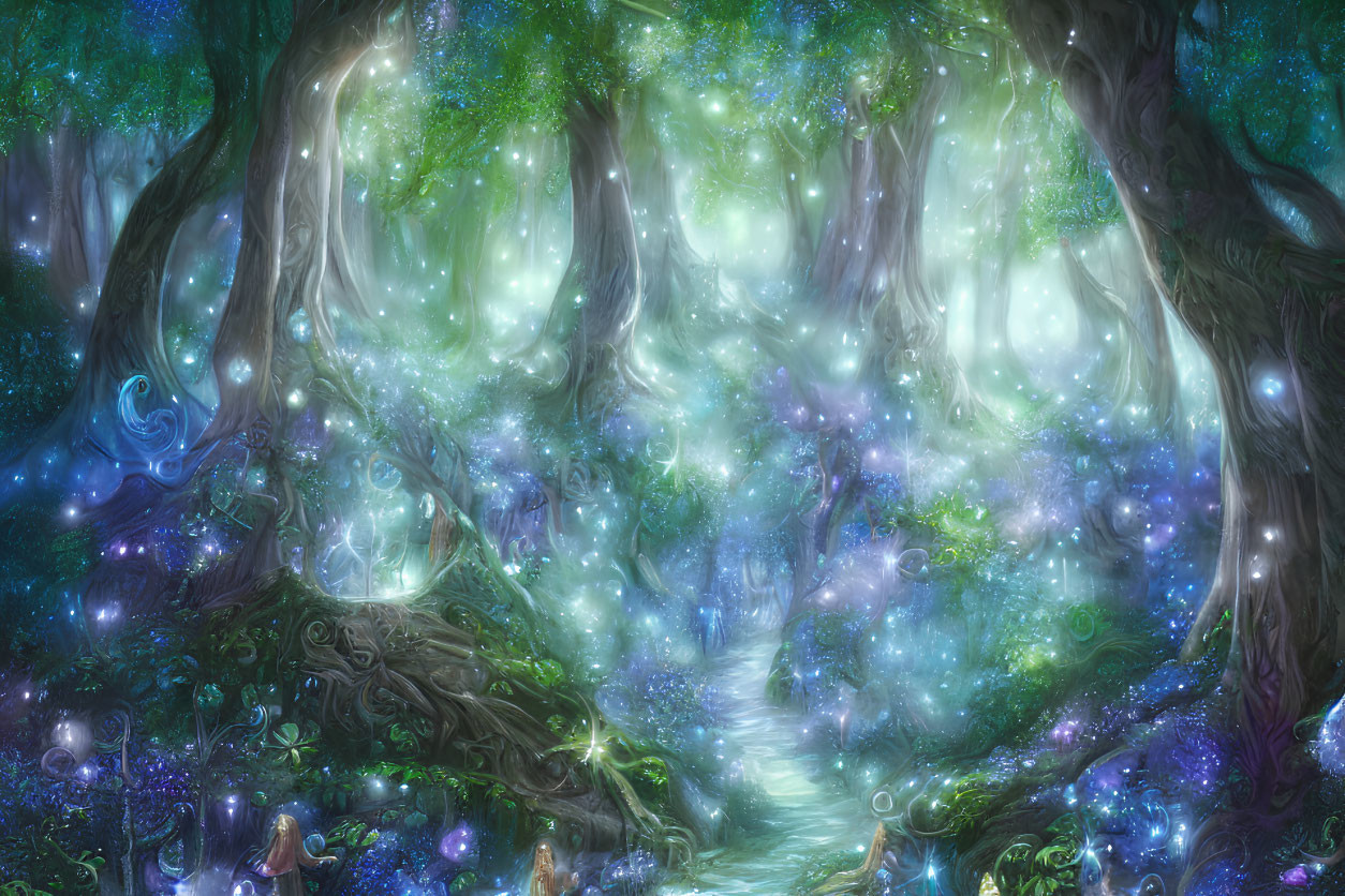 Enchanting forest with luminous plants and magical lights