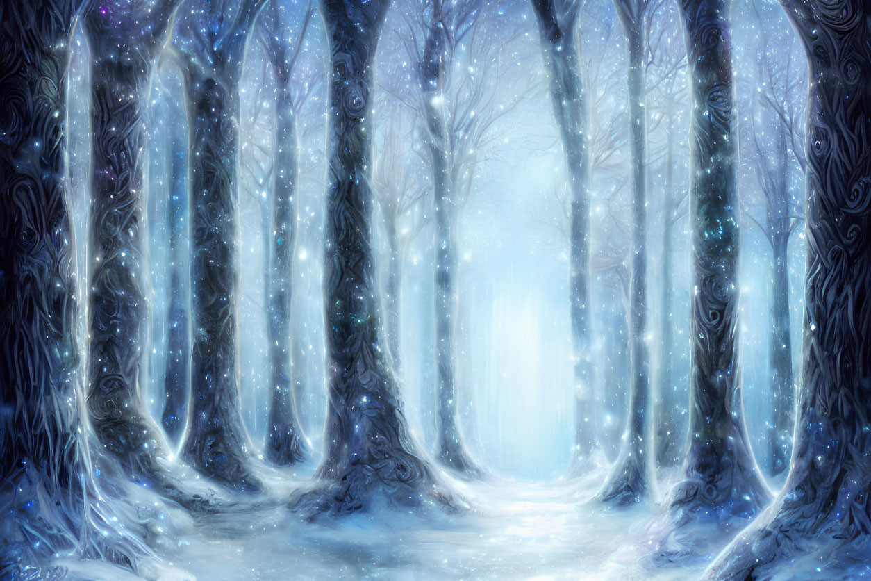 Majestic snowy forest with glowing light and sparkling hues