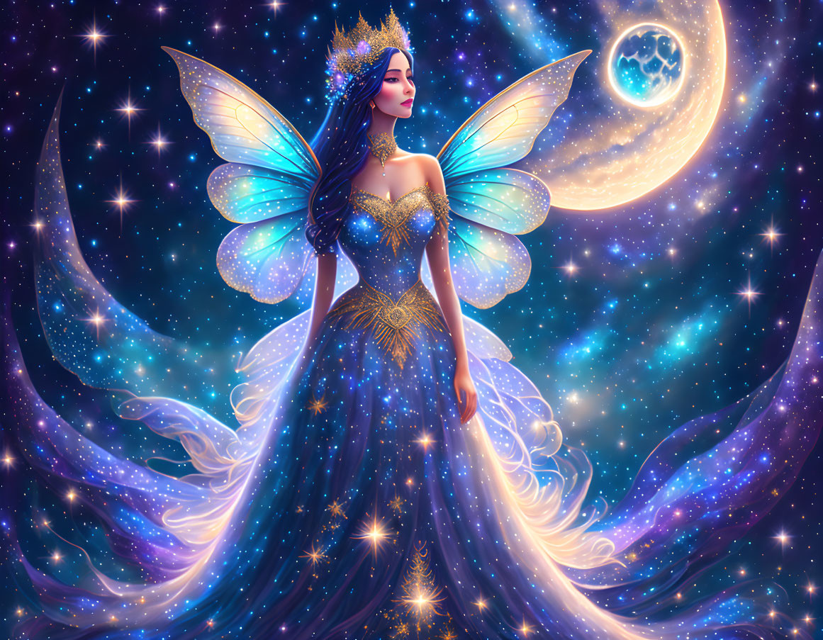 Illustration of fairy with iridescent wings in starry gown against cosmic backdrop