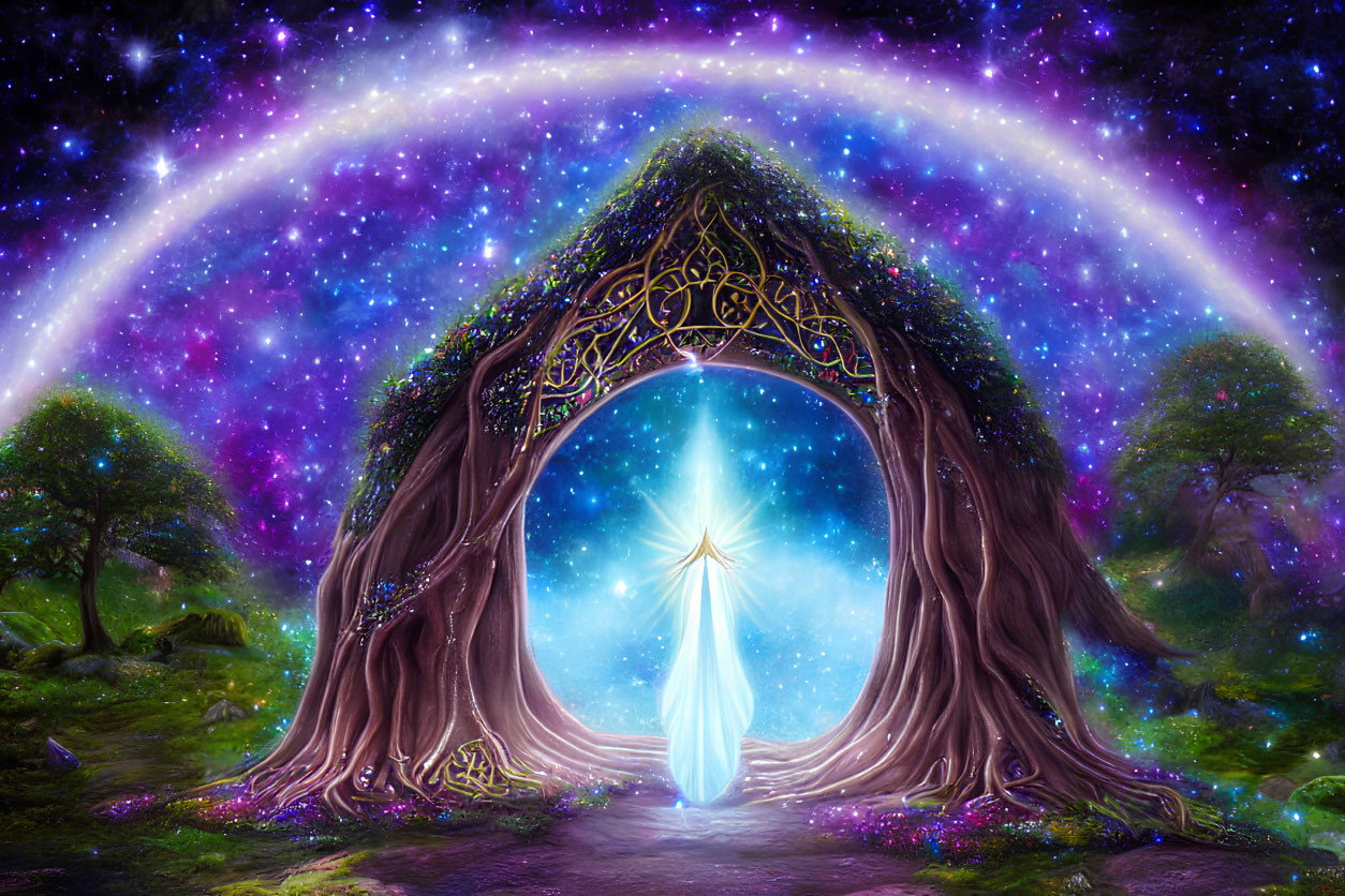 Mystical tree arch with ornate patterns under starry sky in magical forest