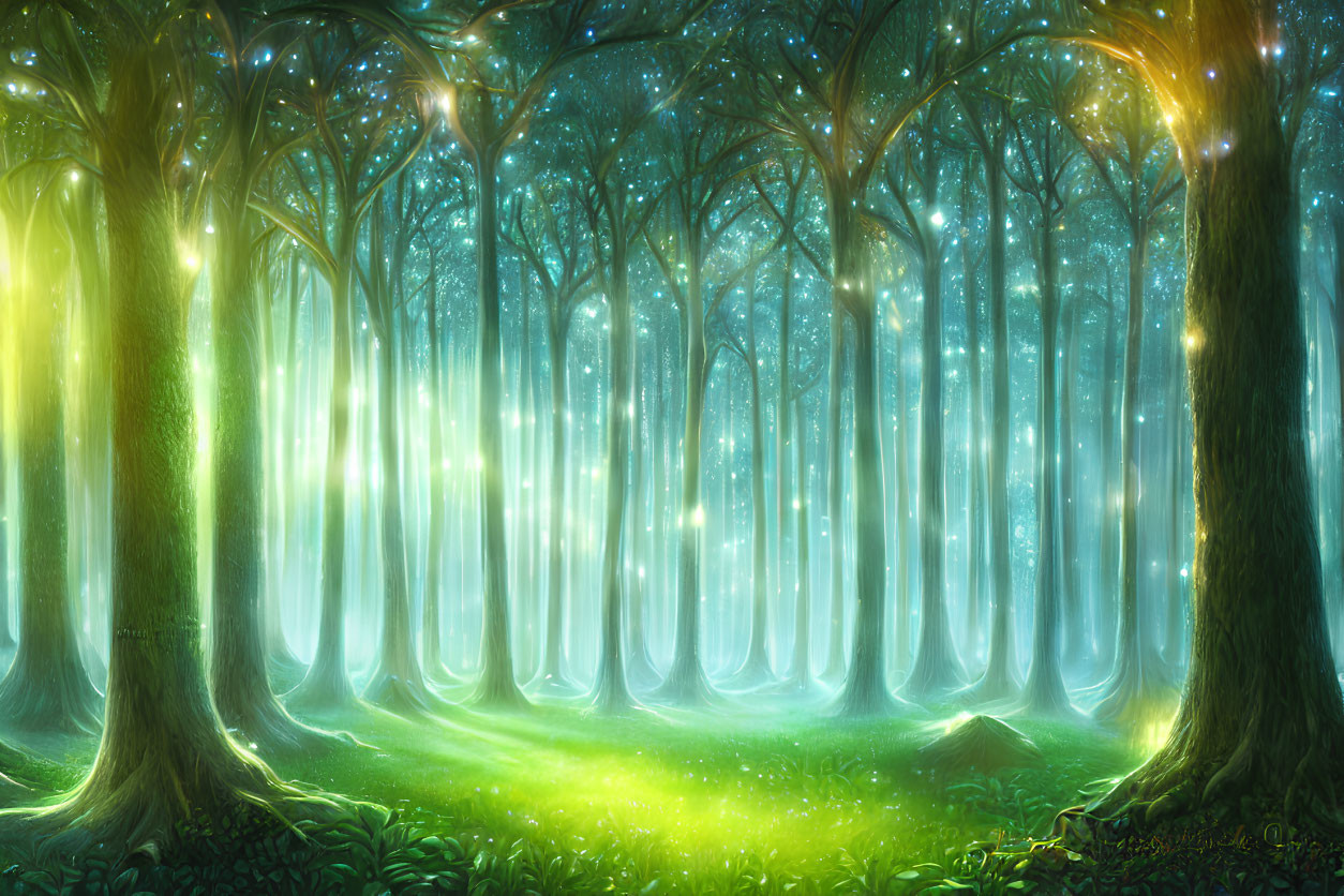 Enchanting Forest with Glowing Lights and Towering Trees