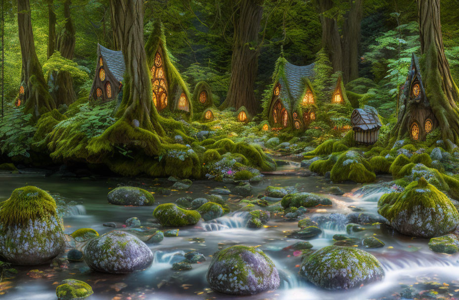 Enchanted forest with whimsical fairy tale houses nestled among mossy rocks and trees by a serene