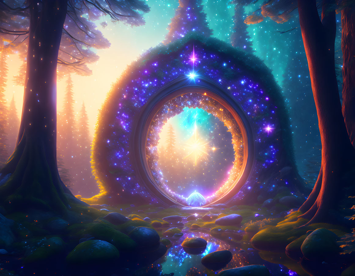 Enchanting forest scene with glowing star-filled portal and towering trees
