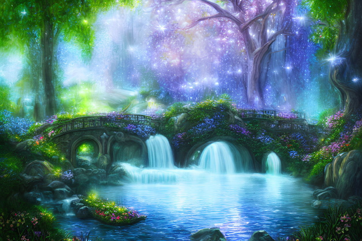 Tranquil fantasy landscape with starry sky, waterfall, stone bridge, lush flora.