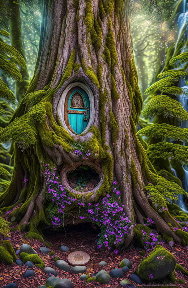 Vibrant blue door on enchanting tree in mystical forest