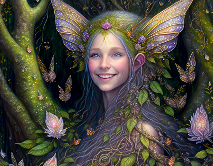 Whimsical fairy illustration in lush greenery with delicate wings