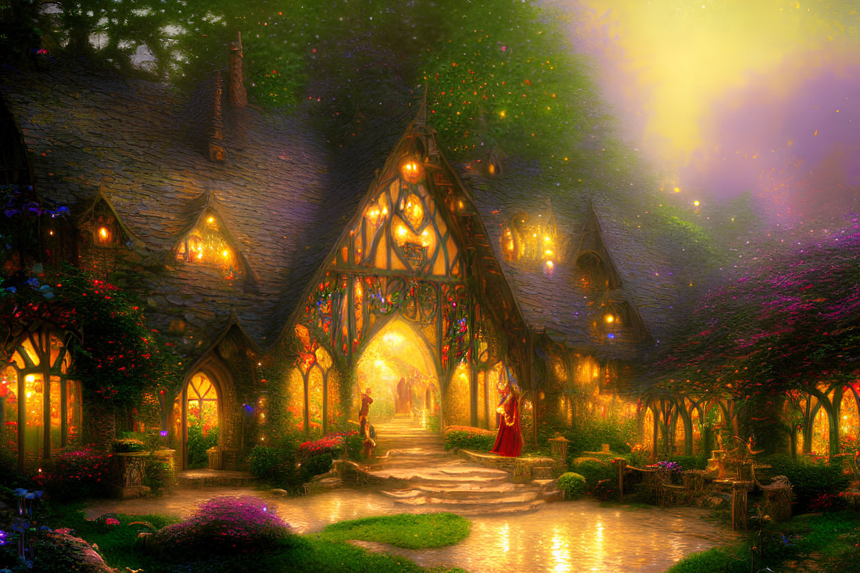 Magical forest path with illuminated cottages and vibrant flowers