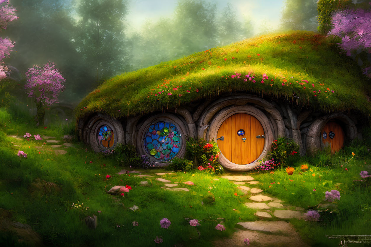 Charming hobbit-style house in lush meadow with round doors and stained glass windows