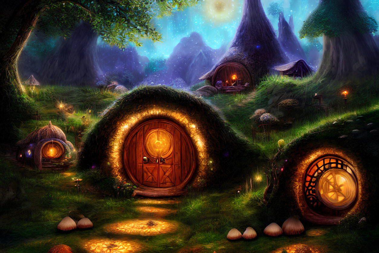 Whimsical hobbit-style houses in an enchanted nighttime forest