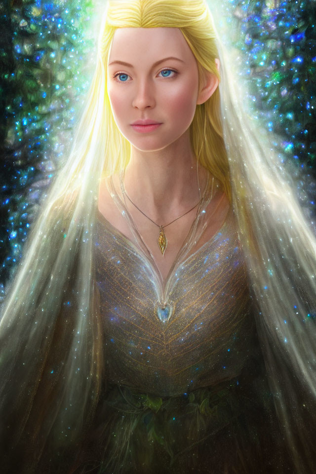Blond elf in jeweled dress on starry backdrop