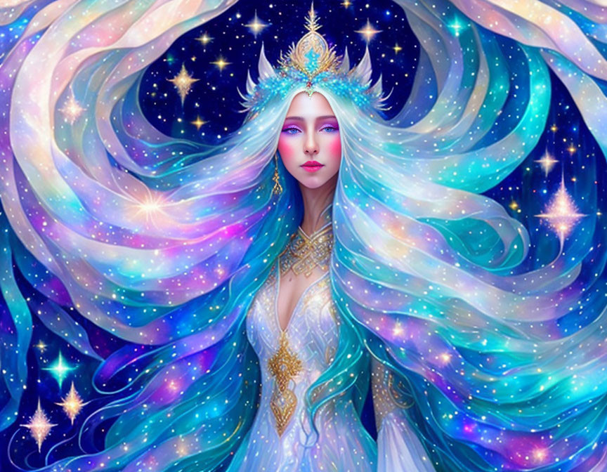 Mystical woman with blue hair in crystal crown and starry background