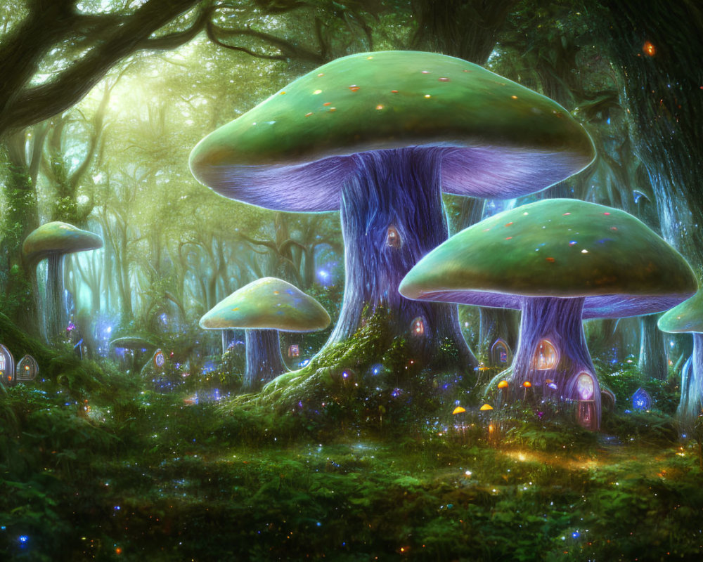 Mystical forest with oversized mushrooms, glowing orbs, and tiny fairy homes