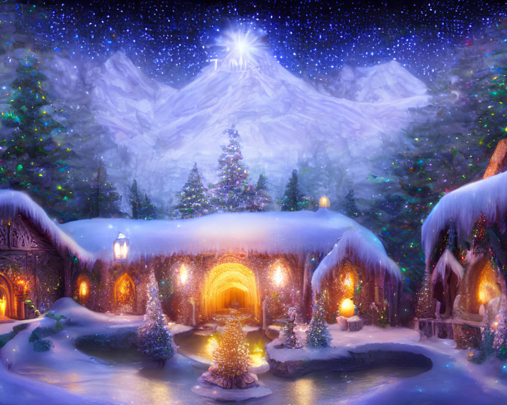 Snow-covered winter village with cozy cottages and shining star in night sky