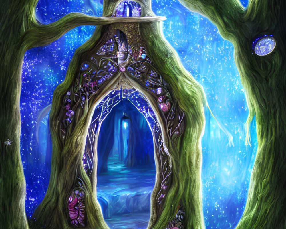 Enchanted forest scene with mystical arched gateway and glowing blue aura