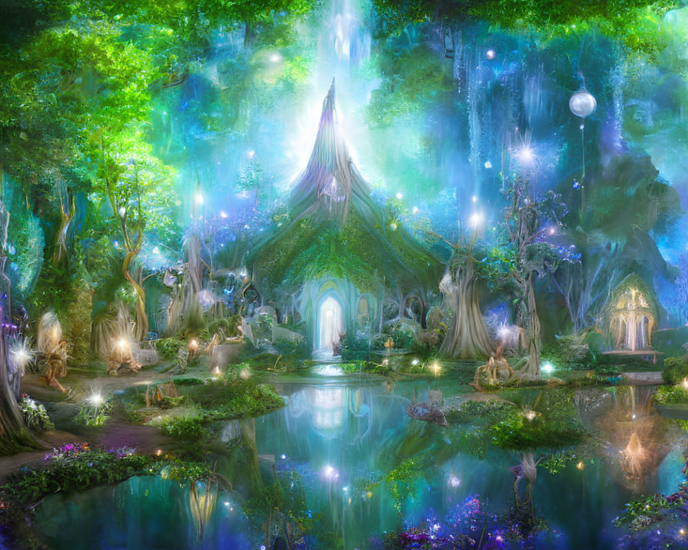 Vividly colored fantasy forest with magical lights and whimsical treehouses