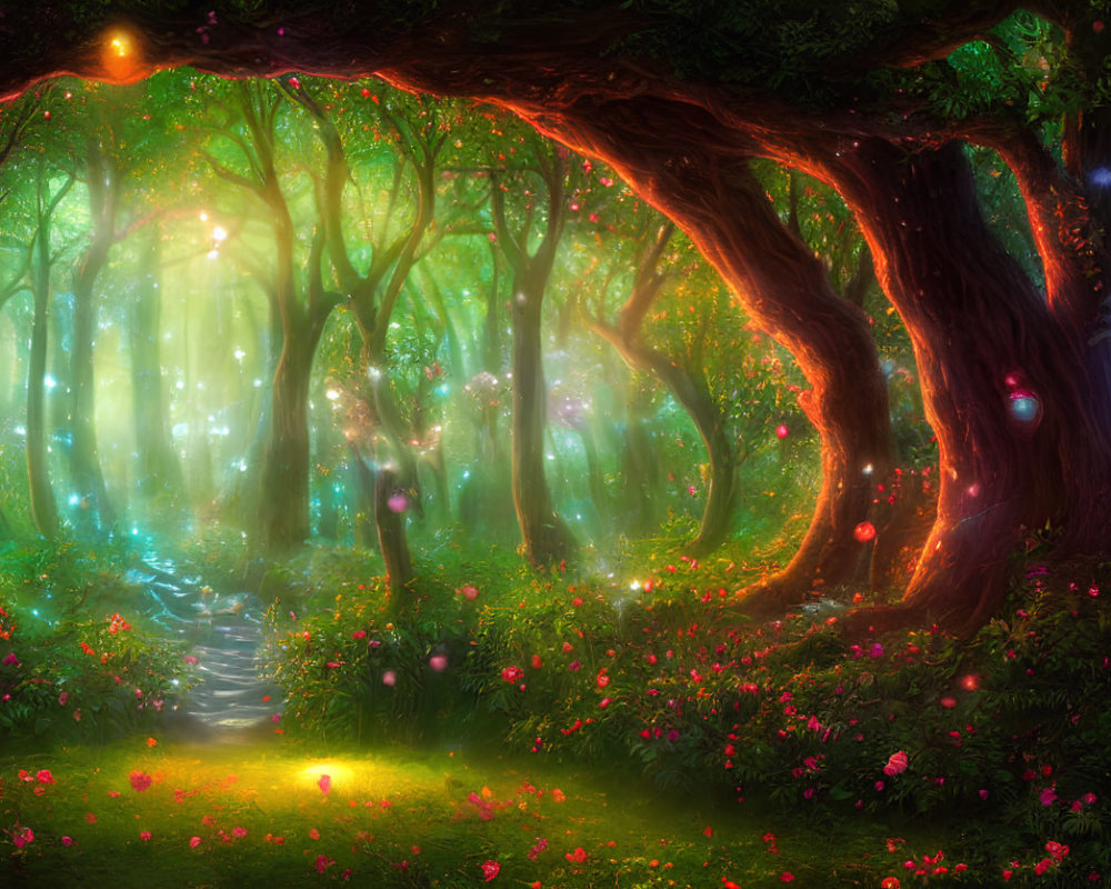 Vibrant mystical forest with glowing orbs, sunlit path, and enchanting flowers