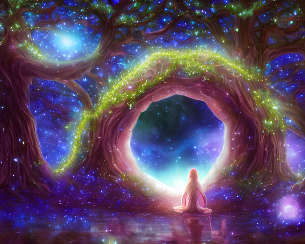 Person in Pink Cloak Reflects by Starry Portal and Mystical Trees