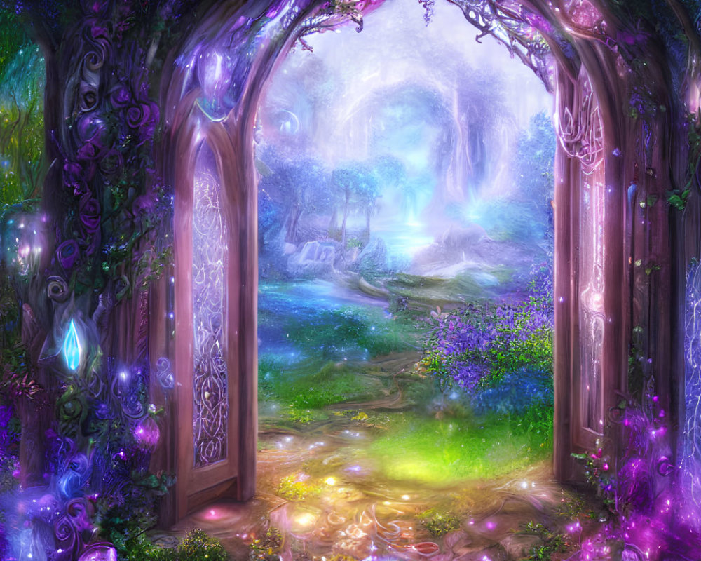 Enchanting forest glade with glowing crystals and mystical pathway