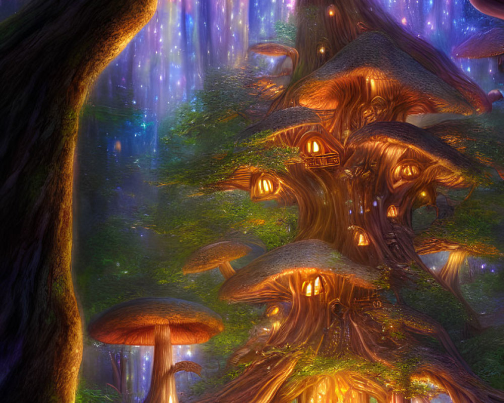 Enchanted forest with glowing trees, illuminated door, whimsical mushrooms