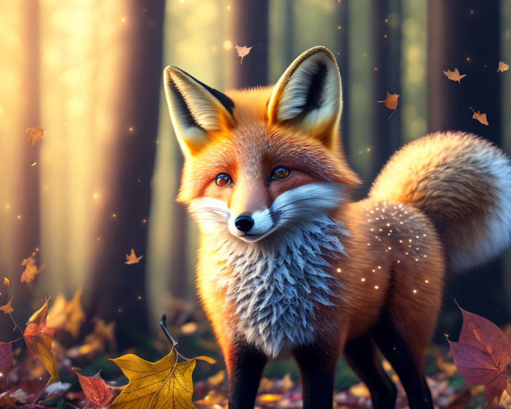 Red Fox in Sunlit Forest with Floating Leaves and Sparkles