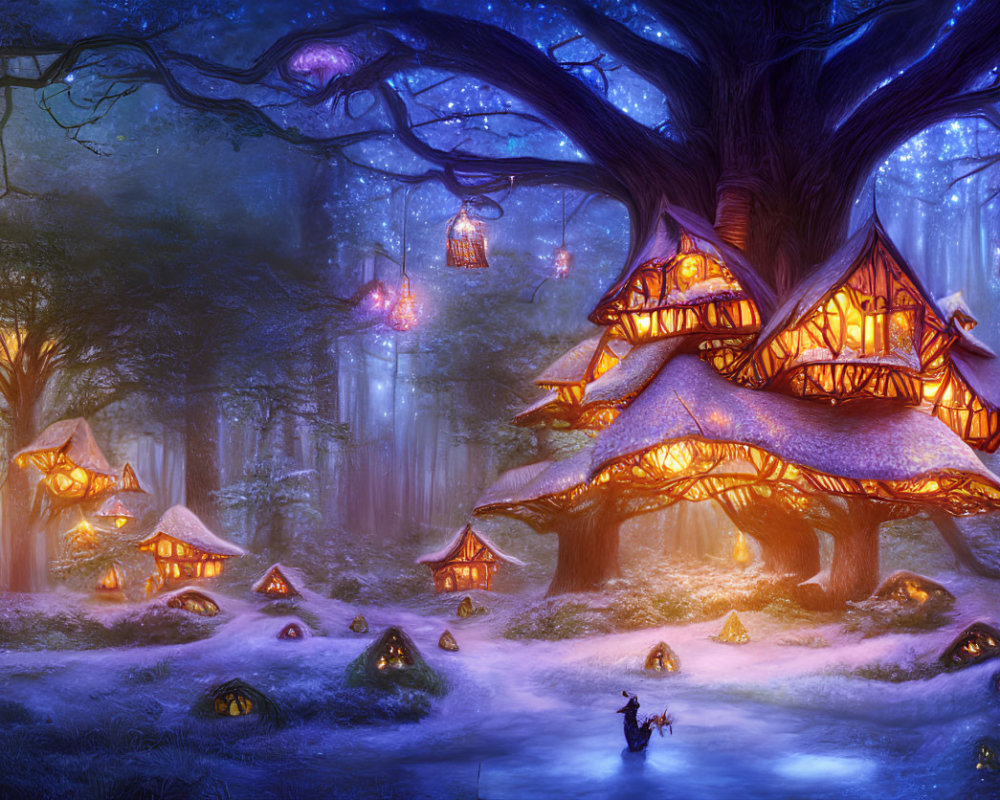 Enchanting fantasy forest with glowing mushroom houses and mystical figure