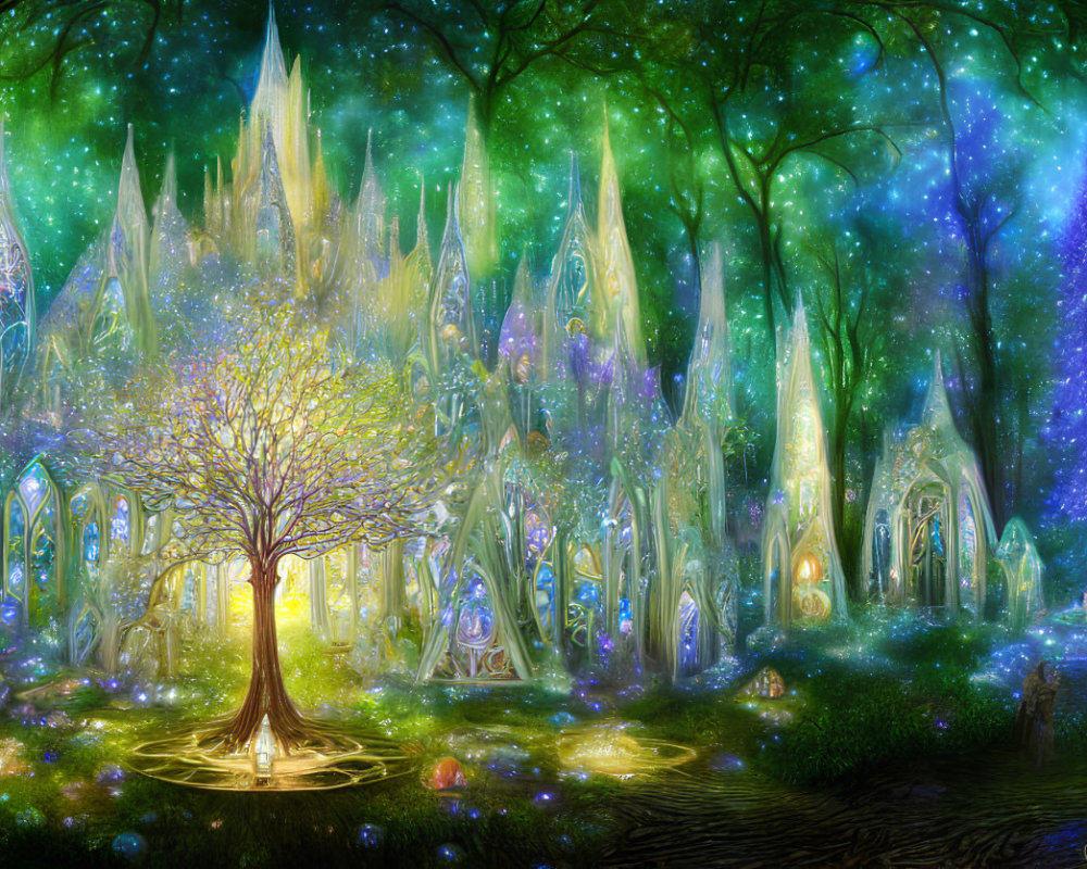 Luminescent Trees in Magical Forest with Ethereal Center Tree