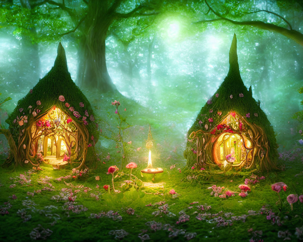 Enchanted forest with whimsical fairy tale cottages