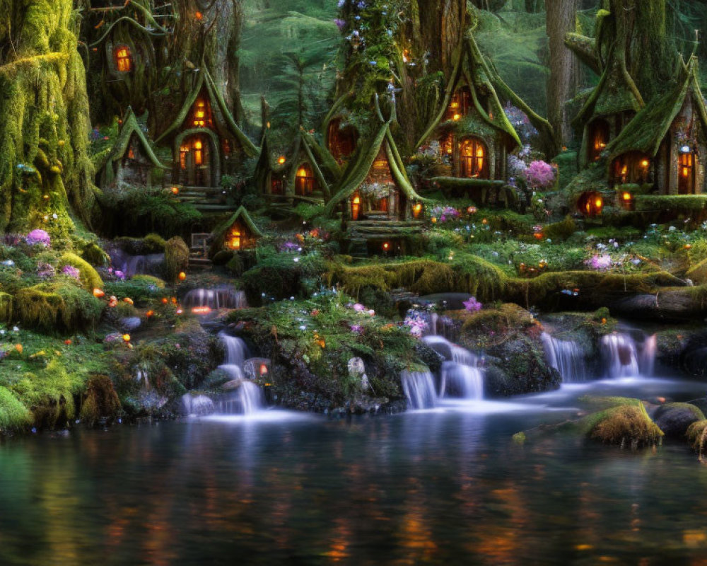 Tranquil Twilight Forest with Treehouses, Waterfalls, and River