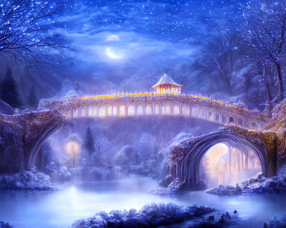 Ornate illuminated bridge over snowy river under starry night sky