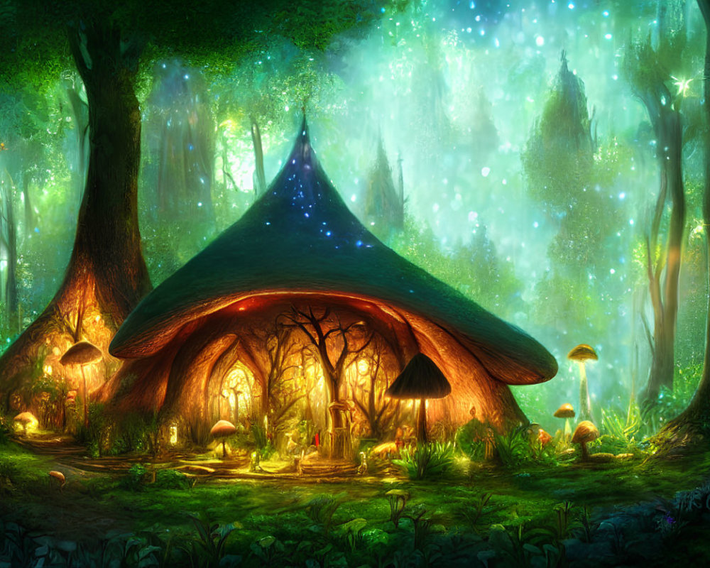 Enchanting forest glade with mushroom-shaped house and glowing lanterns