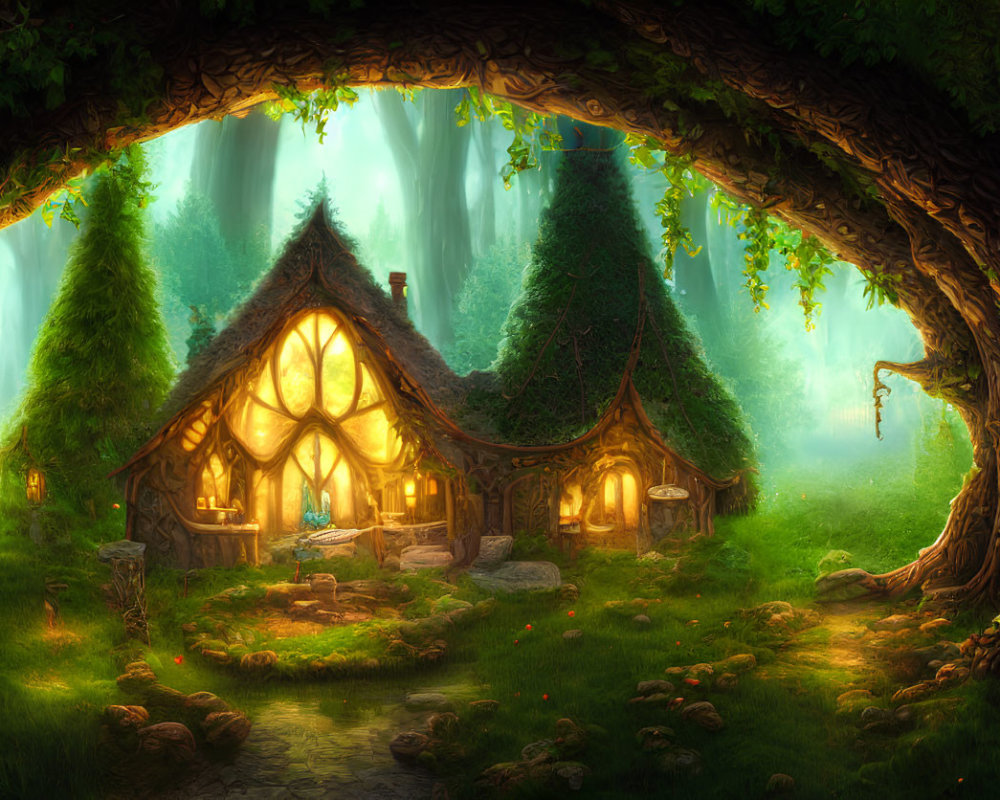 Enchanted forest cottage with stained-glass windows