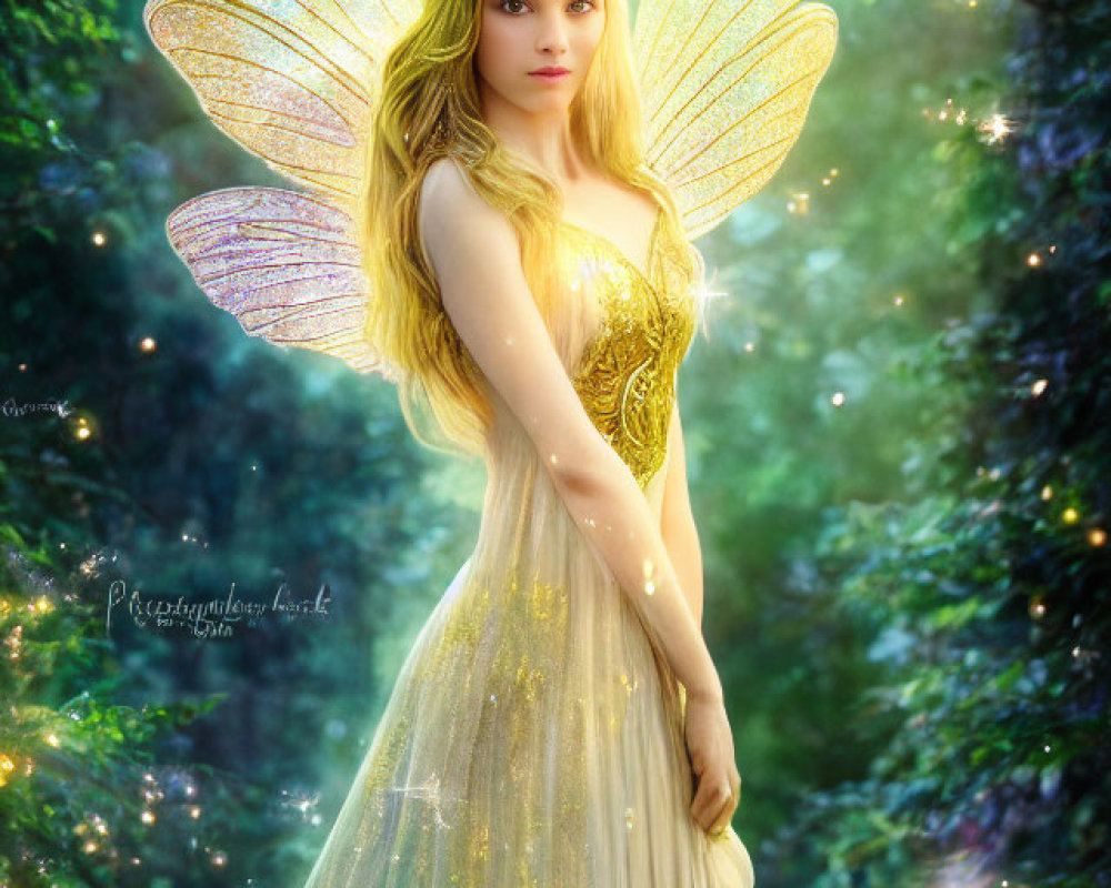 Radiant fairy with iridescent wings in magical forest glade