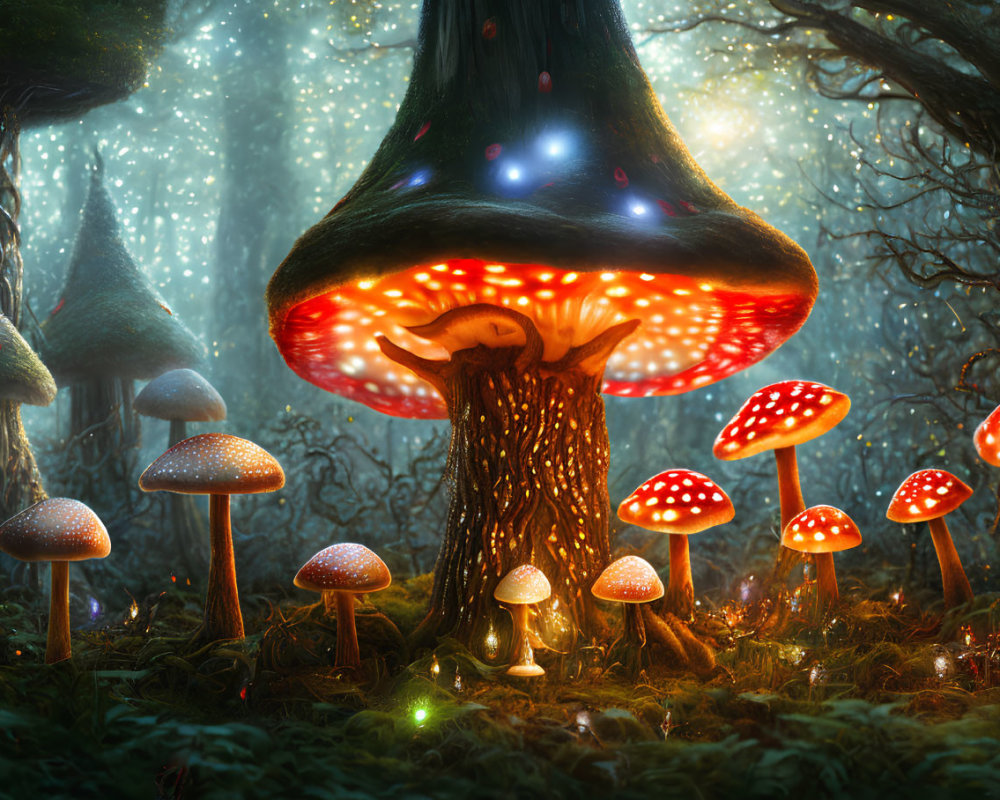 Enchanted forest glade with glowing red-capped mushrooms and magical tree