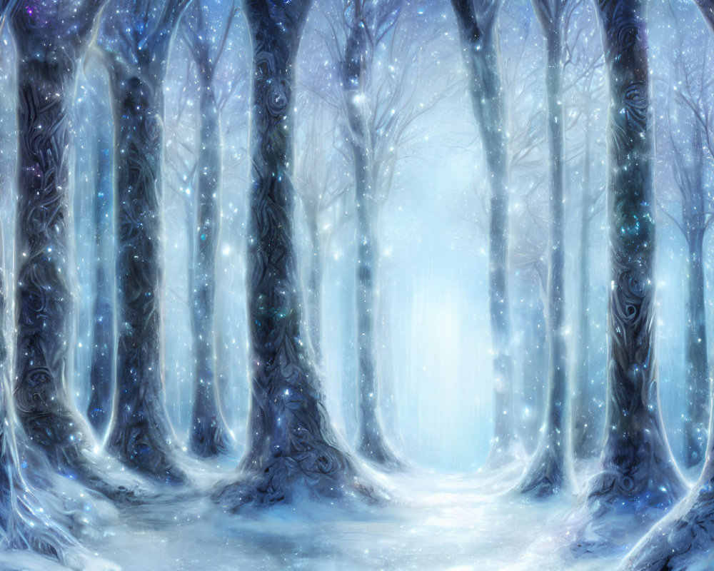 Majestic snowy forest with glowing light and sparkling hues