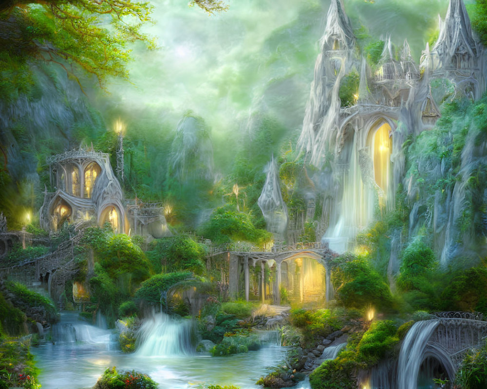 Majestic castle in ethereal fantasy landscape with lush woods and waterfalls