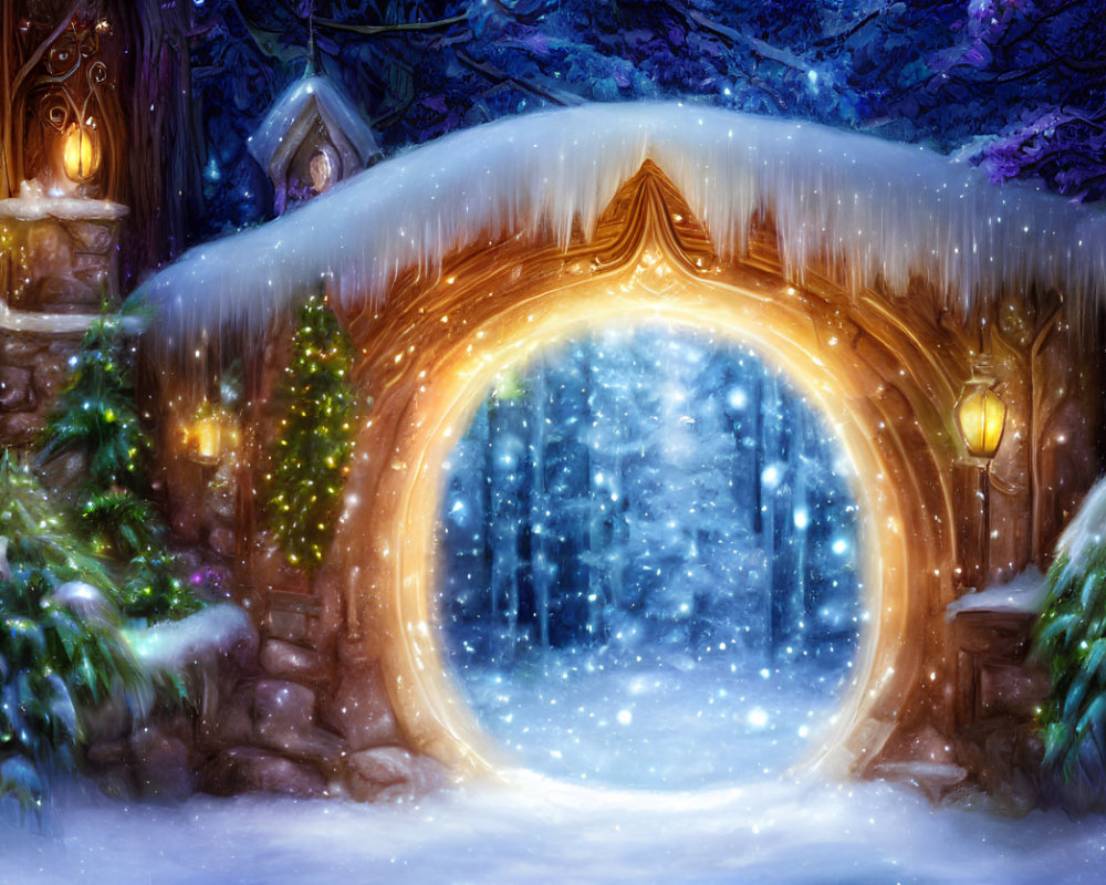 Winter scene with glowing golden portal, lantern-lit trees, wooden cottage, and starry sky.
