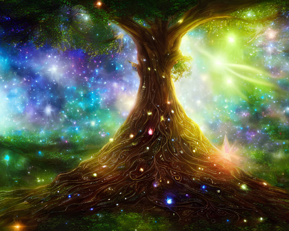 Majestic tree with glowing roots in starry cosmos and nebulae