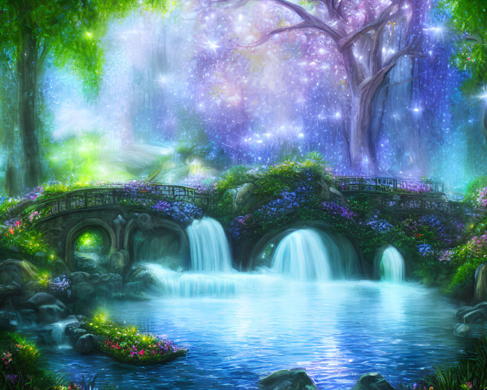 Tranquil fantasy landscape with starry sky, waterfall, stone bridge, lush flora.