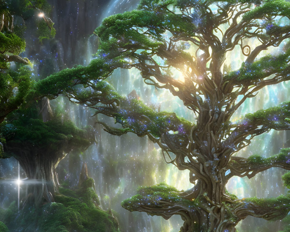 Majestic tree in enchanted forest with waterfalls and protective dome