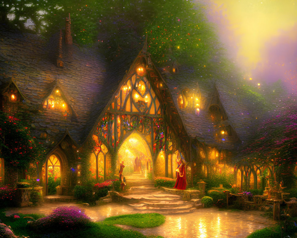 Magical forest path with illuminated cottages and vibrant flowers