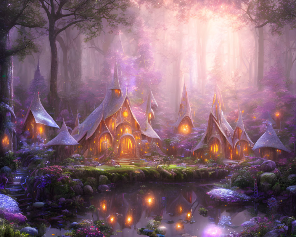 Enchanting forest scene with whimsical pointed houses and purple-hued flora