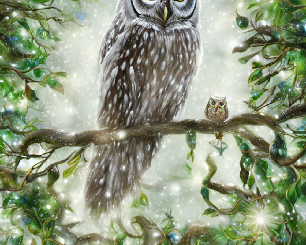 Illustrated owl with yellow eyes on branch in magical green forest