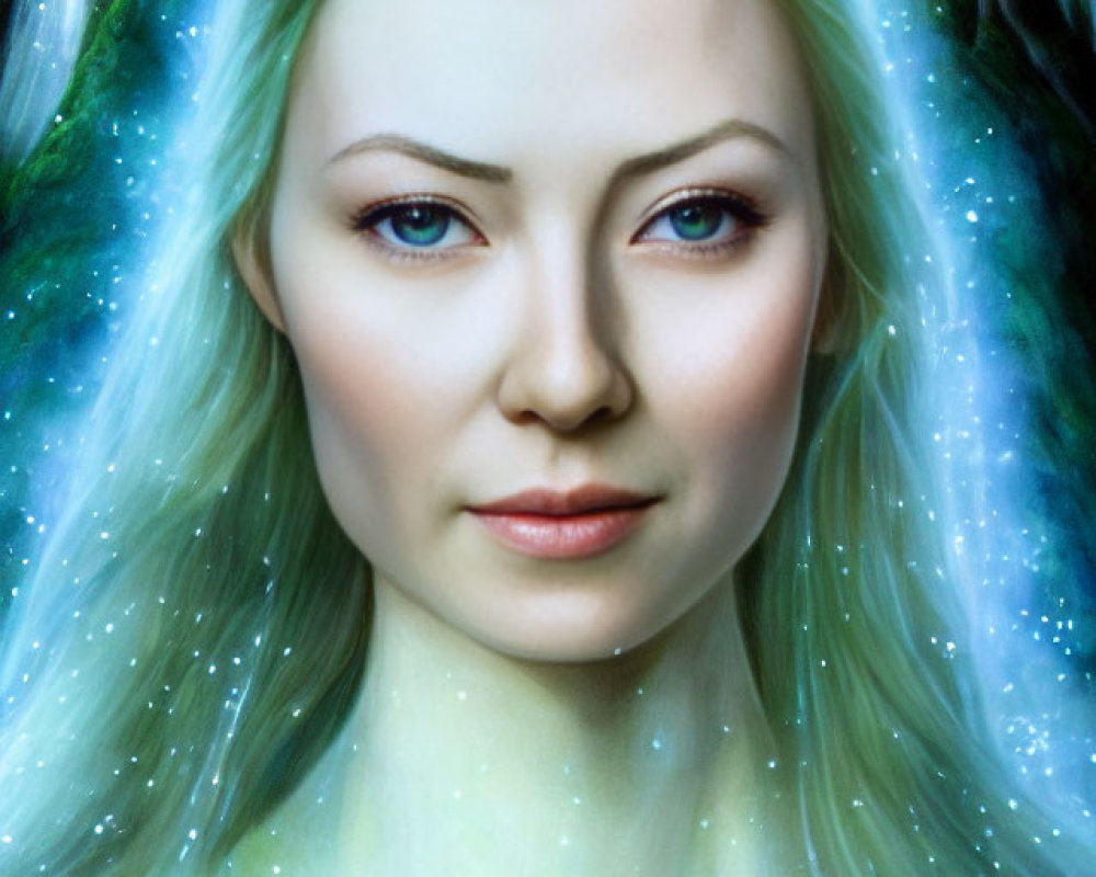 Mystical female figure with blue glow in silver tiara forest scene