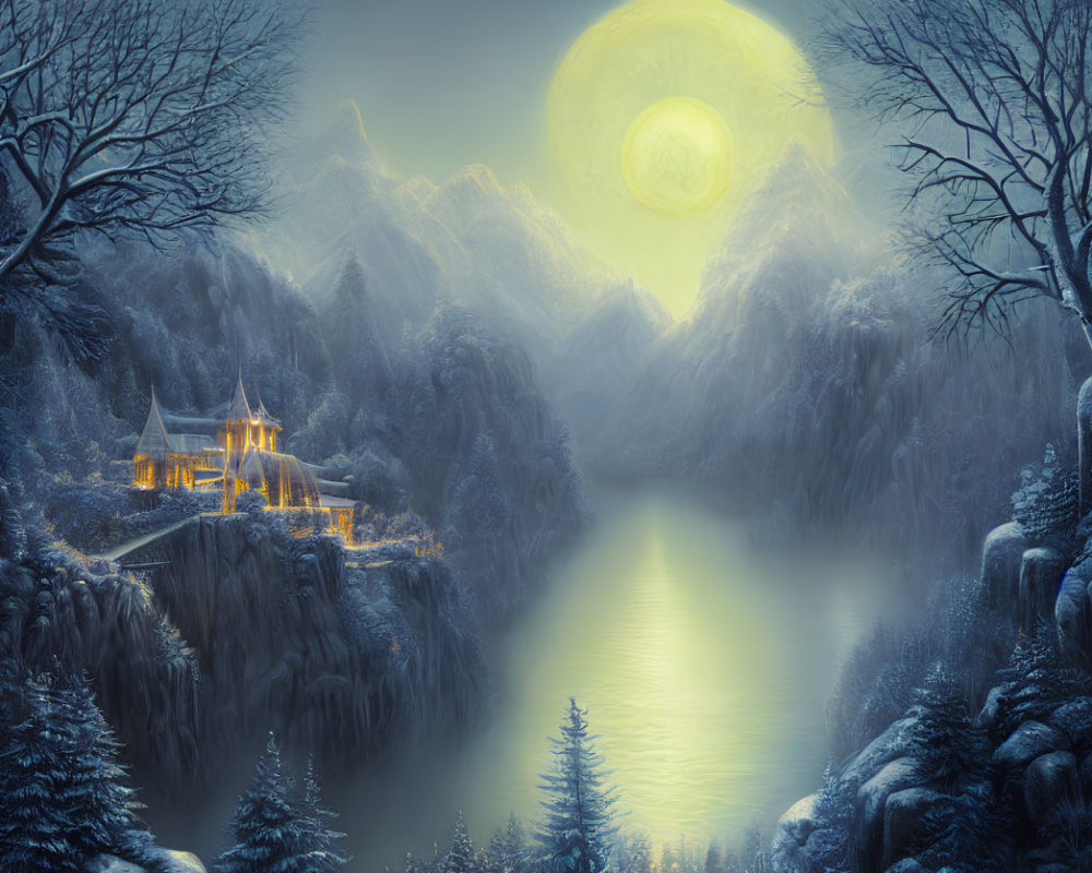 Fantastical nighttime landscape with glowing moon, snow-covered trees, mountains, reflective lake, and majestic