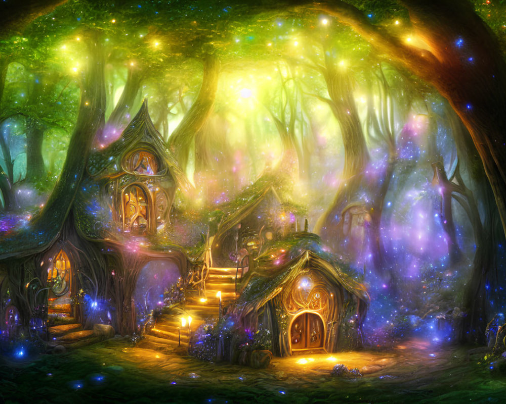 Enchanted forest scene with whimsical treehouses and glowing lights